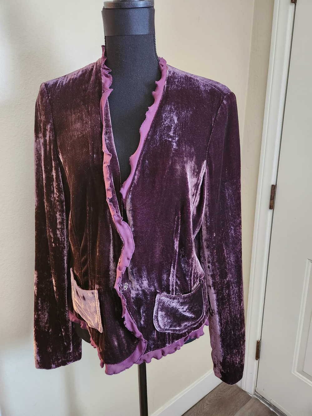INC International Concepts Velvet Ruffled Open Cardigan - Plum